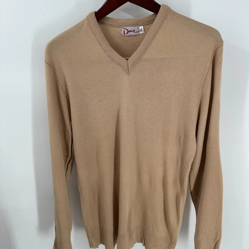 Vintage Dave Acrylic Modern V-Neck USA Made‎ Knit Pullover Sweater Beige Size XL